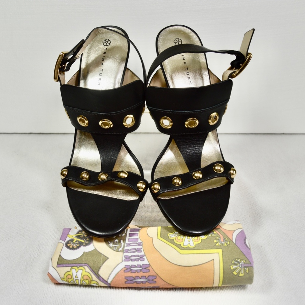 Trina Turk Loleta Black Leather Dress Sandals  Includes Original Dust Bag 4"Heel